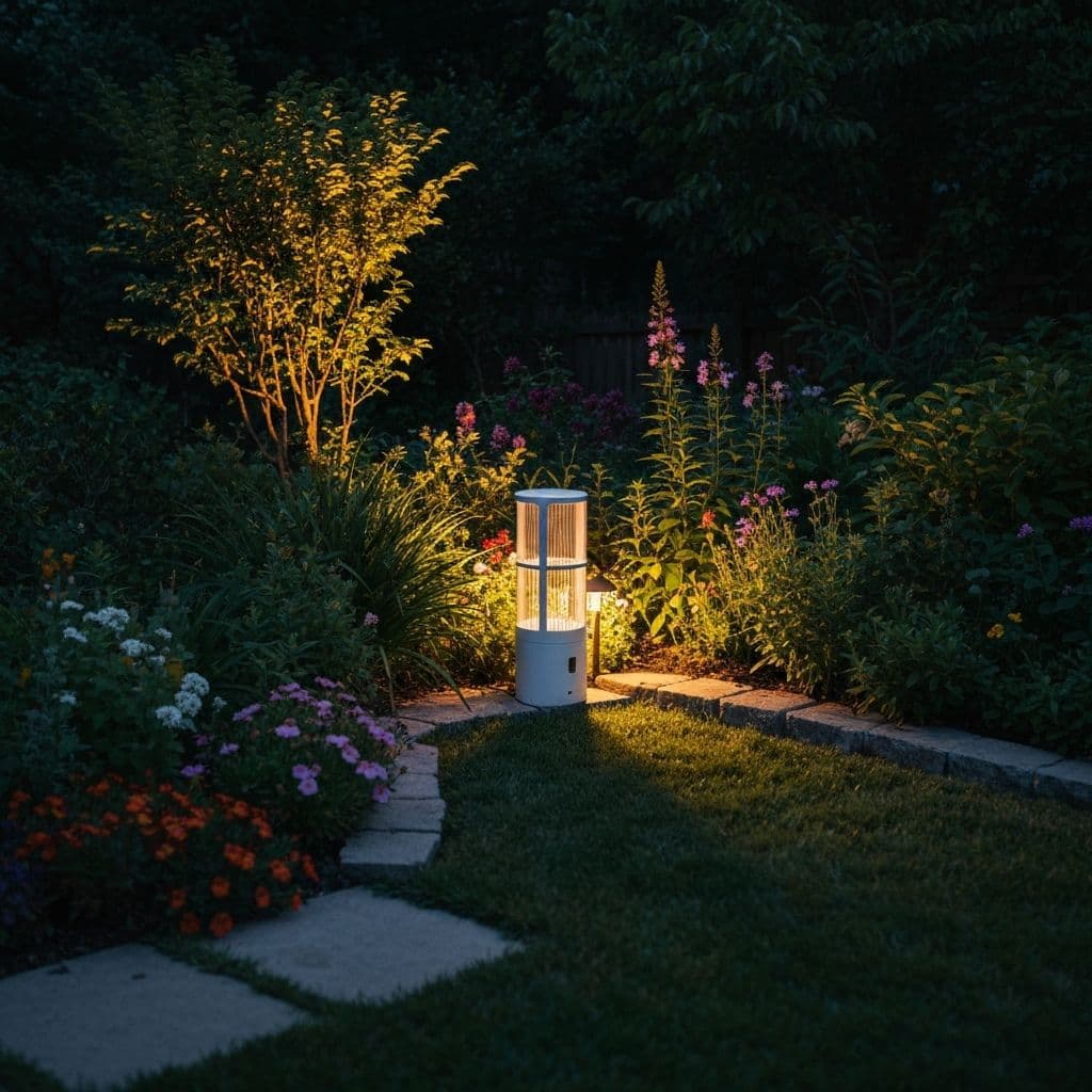 Modern mosquito trap installed in a lush backyard garden at dusk